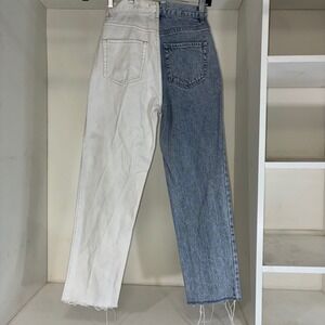 PACSU N Two Tone Split Denim Jeans High Rise Straight Leg Raw Hem Women Size 24